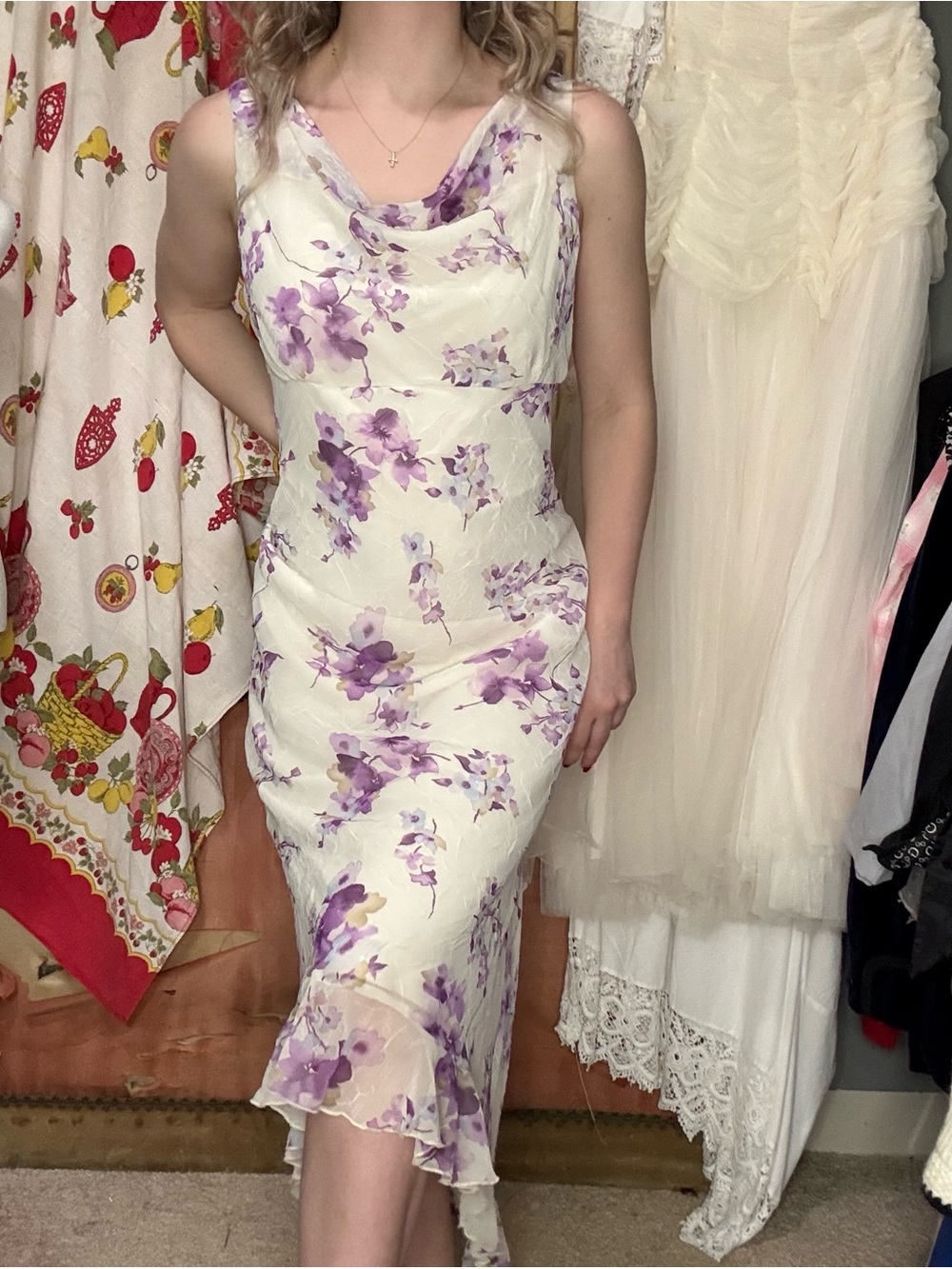 Y2K Sleeveless Floral Cowl Neck Midi Dress in Lavender White